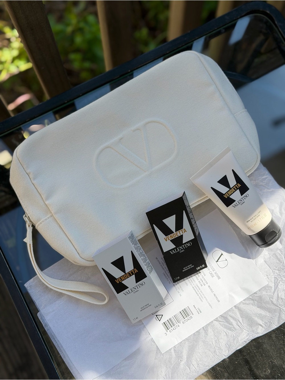 Valentino Cream Canvas Embossed Logo Toiletry Pouch